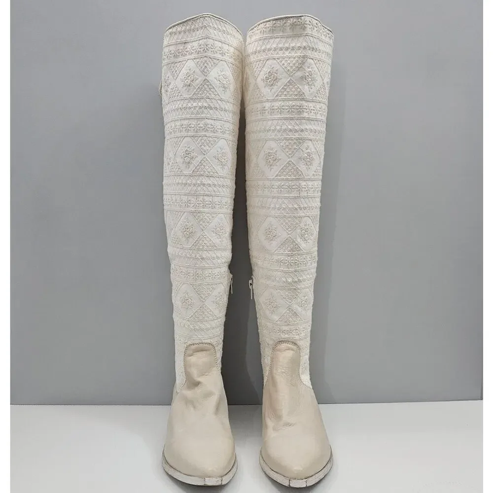 Free People Bren Knee High Boot Womens EU 38 Cream Embroidered Boho Slouchy NEW